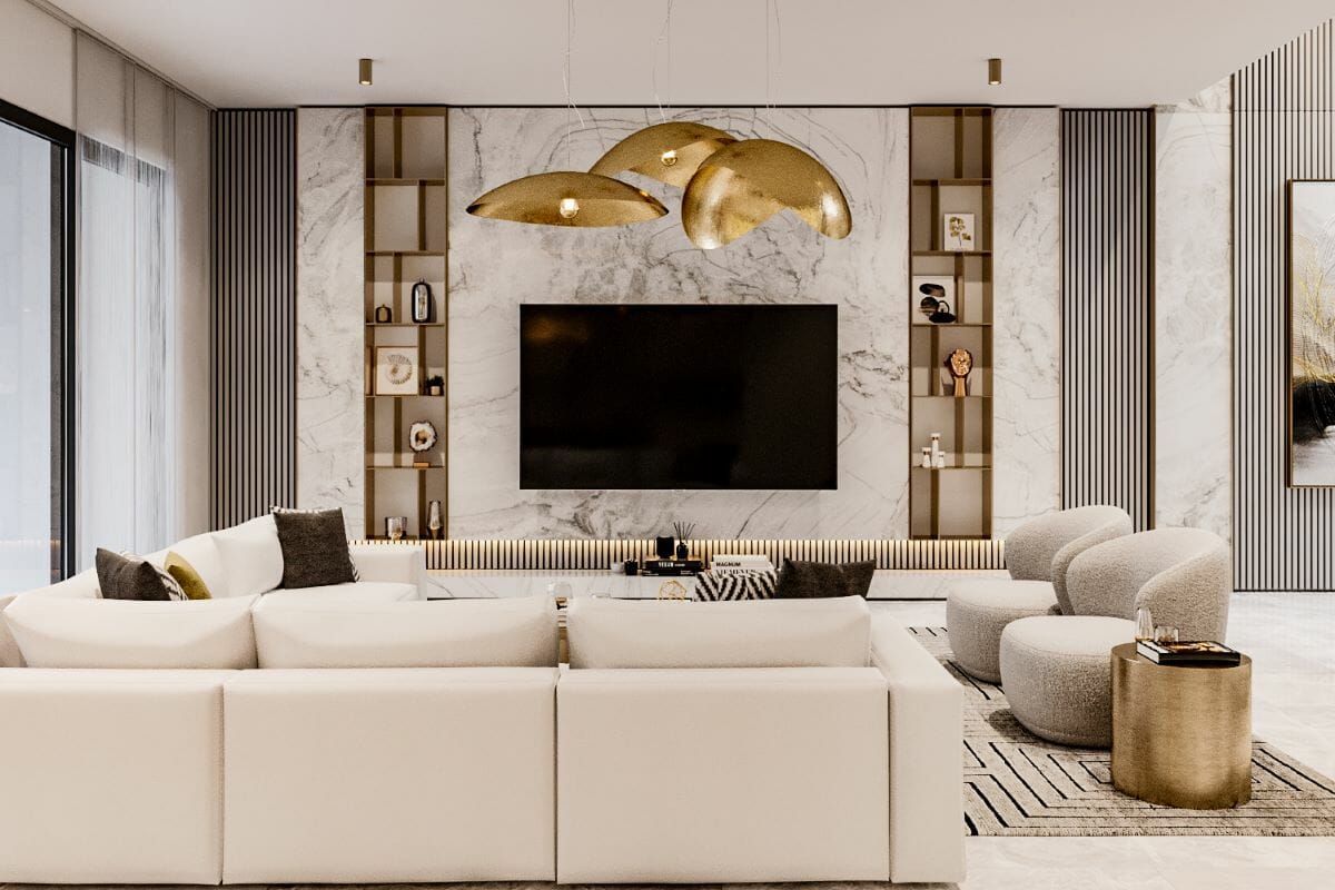 Modern living room with designer wallpaper